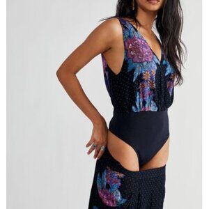 Free People Emmi Floral Top Sleeveless Summer Boho Black Bodysuit XS